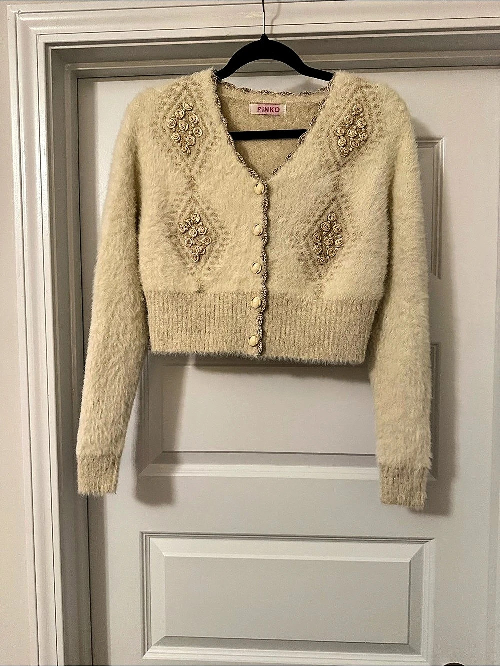 Pinko Cropped Embellished Cardigan in Cream Like New